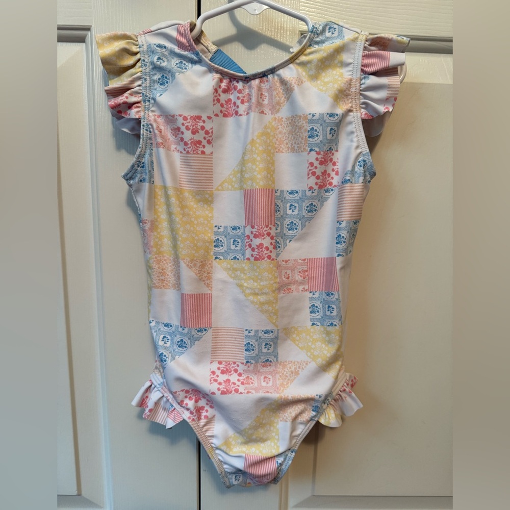 Girls' Pastel Patchwork Ruffle One-Piece Swimsuit